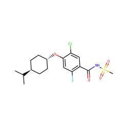 CC(C)[C@H]1CC[C@H](Oc2cc(F)c(C(=O)NS(C)(=O)=O)cc2Cl)CC1 ZINC000261119741