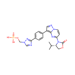 CC(C)[C@H]1COC(=O)N1c1ccn2ncc(-c3ccc(-c4ncn(COP(=O)(O)O)n4)cc3)c2n1 ZINC000169708436