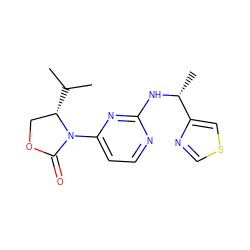 CC(C)[C@H]1COC(=O)N1c1ccnc(N[C@H](C)c2cscn2)n1 ZINC000220654458