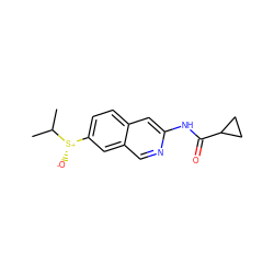 CC(C)[S@@+]([O-])c1ccc2cc(NC(=O)C3CC3)ncc2c1 ZINC000169700033