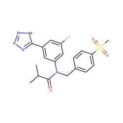 CC(C)C(=O)N(Cc1ccc(S(C)(=O)=O)cc1)c1cc(F)cc(-c2nnn[nH]2)c1 ZINC000084706954