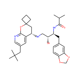 CC(C)C(=O)N[C@@H](Cc1ccc2c(c1)OCO2)[C@H](O)CN[C@H]1CC2(CCC2)Oc2ncc(CC(C)(C)C)cc21 ZINC000095576469