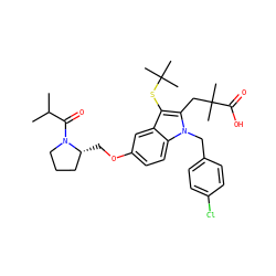 CC(C)C(=O)N1CCC[C@H]1COc1ccc2c(c1)c(SC(C)(C)C)c(CC(C)(C)C(=O)O)n2Cc1ccc(Cl)cc1 ZINC000049767317