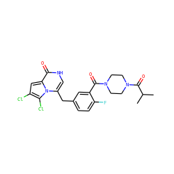 CC(C)C(=O)N1CCN(C(=O)c2cc(Cc3c[nH]c(=O)c4cc(Cl)c(Cl)n34)ccc2F)CC1 ZINC000045340094