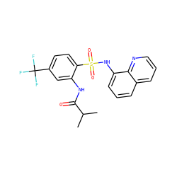 CC(C)C(=O)Nc1cc(C(F)(F)F)ccc1S(=O)(=O)Nc1cccc2cccnc12 ZINC000205625301