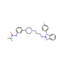 CC(C)C(=O)Nc1cccc(C2CCN(CCCNc3nc4ccccc4n3-c3ccc(F)cc3)CC2)c1 ZINC000058583611