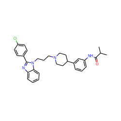 CC(C)C(=O)Nc1cccc(C2CCN(CCCn3c(-c4ccc(Cl)cc4)nc4ccccc43)CC2)c1 ZINC000071330930