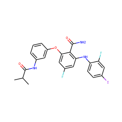CC(C)C(=O)Nc1cccc(Oc2cc(F)cc(Nc3ccc(I)cc3F)c2C(N)=O)c1 ZINC000096905652