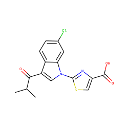 CC(C)C(=O)c1cn(-c2nc(C(=O)O)cs2)c2cc(Cl)ccc12 ZINC000029044175