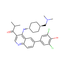 CC(C)C(=O)c1cnc2ccc(-c3cc(Cl)c(O)c(Cl)c3)cc2c1N[C@H]1CC[C@H](CN(C)C)CC1 ZINC000473152121