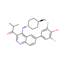 CC(C)C(=O)c1cnc2ccc(-c3cc(Cl)c(O)c(Cl)c3)cc2c1N[C@H]1CC[C@H](N)CC1 ZINC000473201096