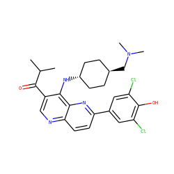 CC(C)C(=O)c1cnc2ccc(-c3cc(Cl)c(O)c(Cl)c3)nc2c1N[C@H]1CC[C@H](CN(C)C)CC1 ZINC000473194495