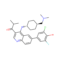 CC(C)C(=O)c1cnc2ccc(-c3cc(F)c(O)c(Cl)c3)cc2c1N[C@H]1CC[C@H](CN(C)C)CC1 ZINC000473152127