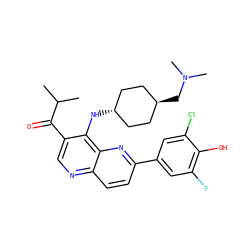 CC(C)C(=O)c1cnc2ccc(-c3cc(F)c(O)c(Cl)c3)nc2c1N[C@H]1CC[C@H](CN(C)C)CC1 ZINC000473194488