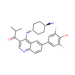 CC(C)C(=O)c1cnc2ccc(-c3cc(F)c(O)c(F)c3)cc2c1N[C@H]1CC[C@H](N)CC1 ZINC000473194967