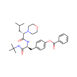 CC(C)C[C@@H](C(=O)N[C@@H](Cc1ccc(OC(=O)c2ccccc2)cc1)C(=O)NC(C)(C)C)N1CCOCC1 ZINC000028002846