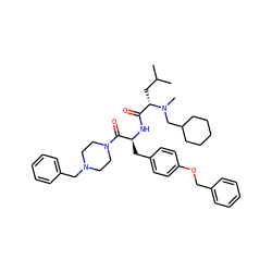 CC(C)C[C@@H](C(=O)N[C@@H](Cc1ccc(OCc2ccccc2)cc1)C(=O)N1CCN(Cc2ccccc2)CC1)N(C)CC1CCCCC1 ZINC000029485796