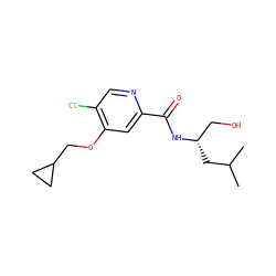 CC(C)C[C@@H](CO)NC(=O)c1cc(OCC2CC2)c(Cl)cn1 ZINC000149218823