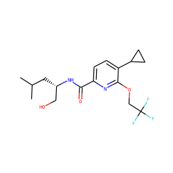 CC(C)C[C@@H](CO)NC(=O)c1ccc(C2CC2)c(OCC(F)(F)F)n1 ZINC000143537317