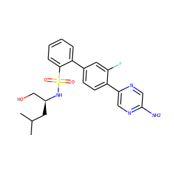 CC(C)C[C@@H](CO)NS(=O)(=O)c1ccccc1-c1ccc(-c2cnc(N)cn2)c(F)c1 ZINC000212172658