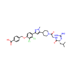 CC(C)C[C@@H](N=C(N)N)C(=O)NCC(=O)N1CCC(c2cc(-c3ccc(OCc4ccc(C(=O)O)cc4)c(Cl)c3Cl)nn2C)CC1 ZINC000026837358