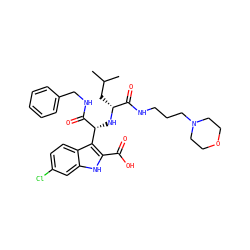 CC(C)C[C@@H](N[C@@H](C(=O)NCc1ccccc1)c1c(C(=O)O)[nH]c2cc(Cl)ccc12)C(=O)NCCCN1CCOCC1 ZINC000113900052