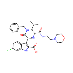 CC(C)C[C@@H](N[C@@H](C(=O)NCc1ccccc1)c1c(C(=O)O)[nH]c2cc(Cl)ccc12)C(=O)NCCN1CCOCC1 ZINC000113882335