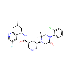 CC(C)C[C@@H](NC(=O)[C@@H]1CNC[C@H](N2CC(=O)N(c3ccccc3Cl)CC2(C)C)C1)c1cncc(F)c1 ZINC000096283061