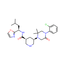 CC(C)C[C@@H](NC(=O)[C@@H]1CNC[C@H](N2CC(=O)N(c3ccccc3Cl)CC2(C)C)C1)c1ncco1 ZINC000096283059