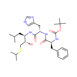 CC(C)C[C@@H](NC(=O)[C@H](Cc1c[nH]cn1)NC(=O)[C@H](Cc1ccccc1)NC(=O)OC(C)(C)C)[C@H](O)CSC(C)C ZINC000029392366