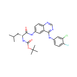 CC(C)C[C@@H](NC(=O)OC(C)(C)C)C(=O)Nc1ccc2ncnc(Nc3ccc(F)c(Cl)c3)c2c1 ZINC001772601520