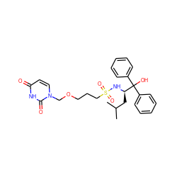CC(C)C[C@@H](NS(=O)(=O)CCCOCn1ccc(=O)[nH]c1=O)C(O)(c1ccccc1)c1ccccc1 ZINC000096172722