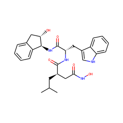 CC(C)C[C@H](CC(=O)NO)C(=O)N[C@@H](Cc1c[nH]c2ccccc12)C(=O)N[C@H]1c2ccccc2C[C@@H]1O ZINC000026295653