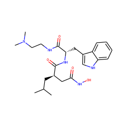 CC(C)C[C@H](CC(=O)NO)C(=O)N[C@@H](Cc1c[nH]c2ccccc12)C(=O)NCCN(C)C ZINC000027086499