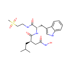 CC(C)C[C@H](CC(=O)NO)C(=O)N[C@@H](Cc1c[nH]c2ccccc12)C(=O)NCCS(C)(=O)=O ZINC000027075878