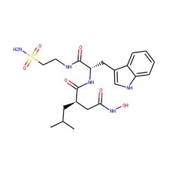 CC(C)C[C@H](CC(=O)NO)C(=O)N[C@@H](Cc1c[nH]c2ccccc12)C(=O)NCCS(N)(=O)=O ZINC000027089754