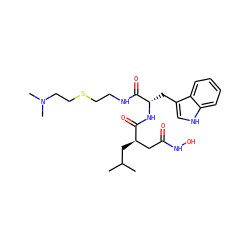 CC(C)C[C@H](CC(=O)NO)C(=O)N[C@@H](Cc1c[nH]c2ccccc12)C(=O)NCCSCCN(C)C ZINC000003800888