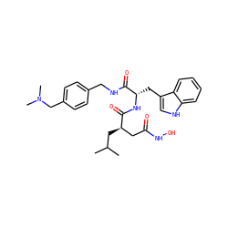 CC(C)C[C@H](CC(=O)NO)C(=O)N[C@@H](Cc1c[nH]c2ccccc12)C(=O)NCc1ccc(CN(C)C)cc1 ZINC000027082333
