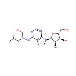 CC(C)C[C@H](CO)Nc1ncnc2c1ncn2[C@H]1O[C@H](CO)[C@@H](O)[C@H]1O ZINC000049014976