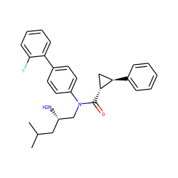 CC(C)C[C@H](N)CN(C(=O)[C@@H]1C[C@H]1c1ccccc1)c1ccc(-c2ccccc2F)cc1 ZINC000299862637