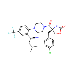 CC(C)C[C@H](N)c1cc(C(F)(F)F)ccc1N1CCN(C(=O)[C@@]2(Cc3ccc(Cl)cc3)COC(=O)N2)CC1 ZINC000029040965