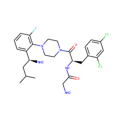 CC(C)C[C@H](N)c1cccc(F)c1N1CCN(C(=O)[C@@H](Cc2ccc(Cl)cc2Cl)NC(=O)CN)CC1 ZINC000028825750