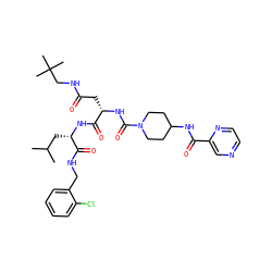 CC(C)C[C@H](NC(=O)[C@H](CC(=O)NCC(C)(C)C)NC(=O)N1CCC(NC(=O)c2cnccn2)CC1)C(=O)NCc1ccccc1Cl ZINC001772633112