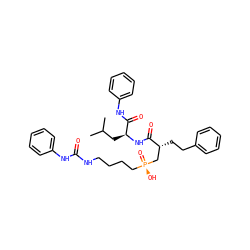 CC(C)C[C@H](NC(=O)[C@H](CCc1ccccc1)C[P@](=O)(O)CCCCNC(=O)Nc1ccccc1)C(=O)Nc1ccccc1 ZINC000026973368