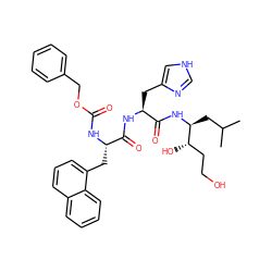 CC(C)C[C@H](NC(=O)[C@H](Cc1c[nH]cn1)NC(=O)[C@H](Cc1cccc2ccccc12)NC(=O)OCc1ccccc1)[C@@H](O)CCO ZINC000058584115