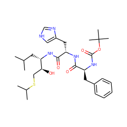 CC(C)C[C@H](NC(=O)[C@H](Cc1c[nH]cn1)NC(=O)[C@H](Cc1ccccc1)NC(=O)OC(C)(C)C)[C@@H](O)CSC(C)C ZINC000027623401