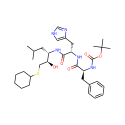 CC(C)C[C@H](NC(=O)[C@H](Cc1c[nH]cn1)NC(=O)[C@H](Cc1ccccc1)NC(=O)OC(C)(C)C)[C@@H](O)CSC1CCCCC1 ZINC000299818158