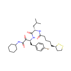 CC(C)C[C@H](NC(=O)CCCC[C@@H]1CCSS1)C(=O)N[C@@H](Cc1ccc(Br)cc1)C(=O)C(=O)NC1CCCCC1 ZINC000028562890