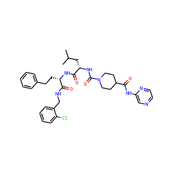 CC(C)C[C@H](NC(=O)N1CCC(C(=O)Nc2cnccn2)CC1)C(=O)N[C@@H](CCc1ccccc1)C(=O)NCc1ccccc1Cl ZINC001772643613