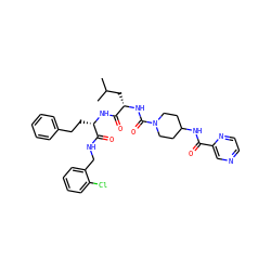 CC(C)C[C@H](NC(=O)N1CCC(NC(=O)c2cnccn2)CC1)C(=O)N[C@@H](CCc1ccccc1)C(=O)NCc1ccccc1Cl ZINC001772655482